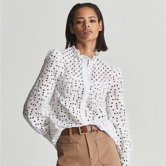 Reiss Tops - Reiss White Yasmin Eyelet Embroidered Blouse
